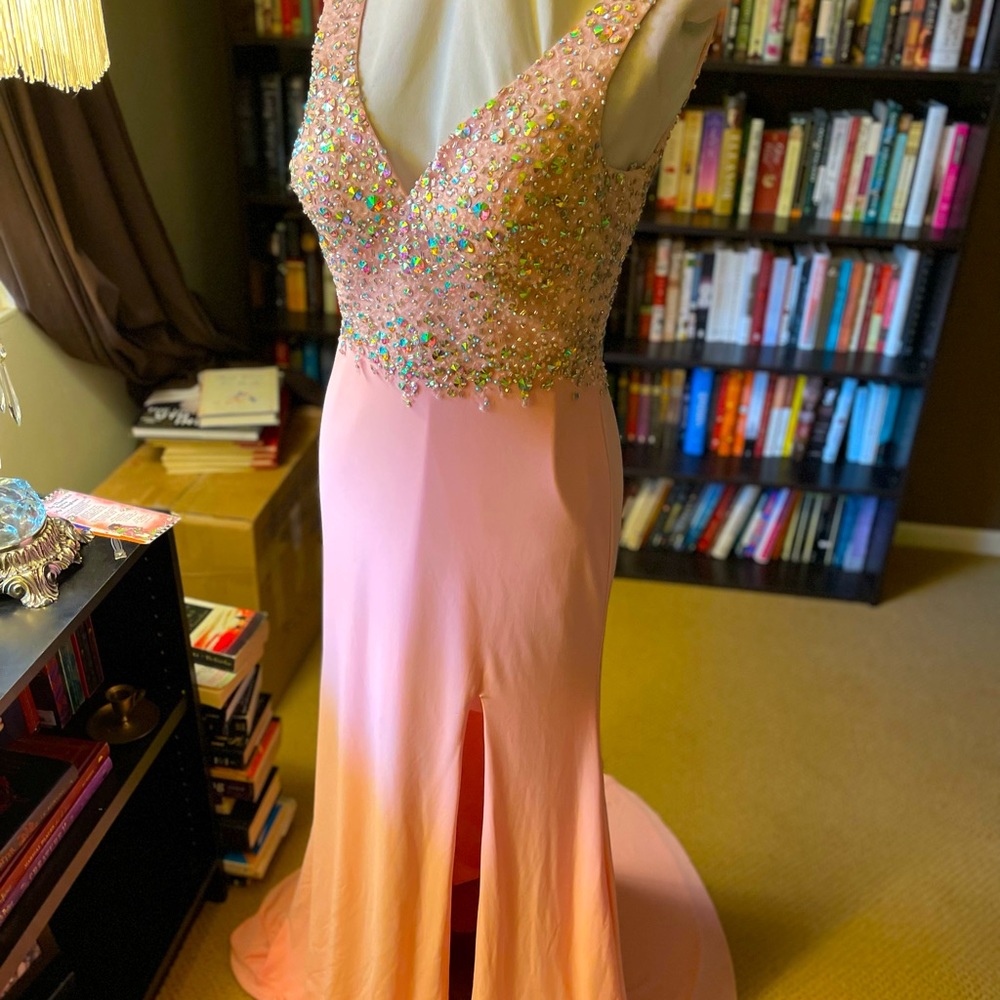 Pink jersey gown with A/B crystals and front slit